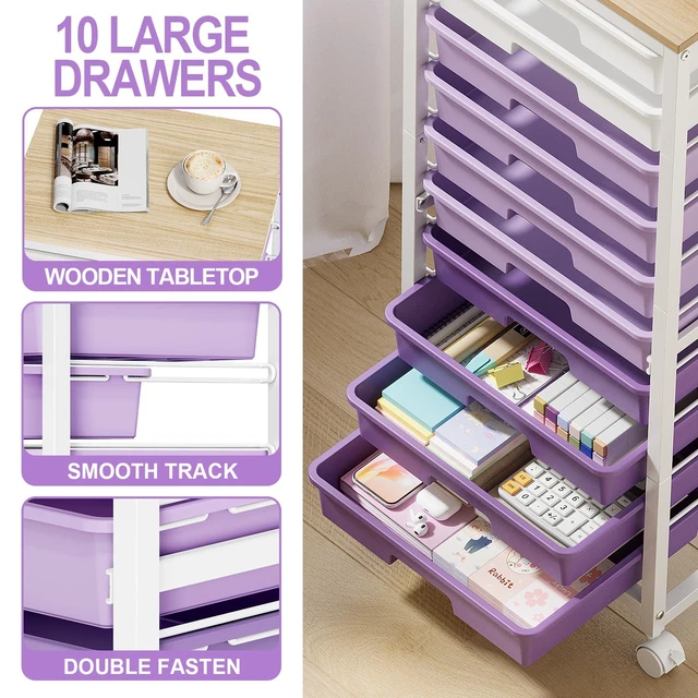 Alt view image 3 of 7 - 10 Drawer Rolling Cart,Purple Rolling Cart for Craft Storage,Storage Cart with Lockable Wheels and Wooden Tabletop for Classroom,Office,Living Room