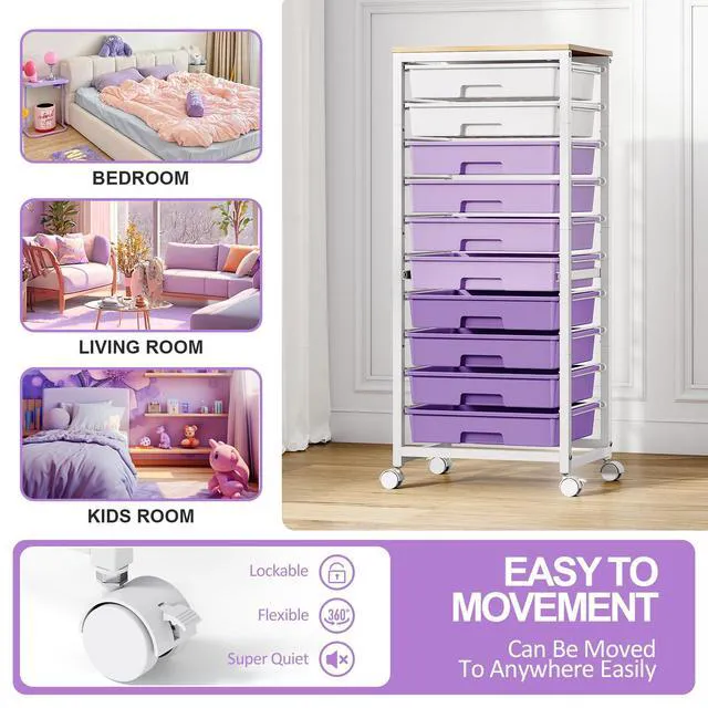 Alt view image 5 of 7 - 10 Drawer Rolling Cart,Purple Rolling Cart for Craft Storage,Storage Cart with Lockable Wheels and Wooden Tabletop for Classroom,Office,Living Room