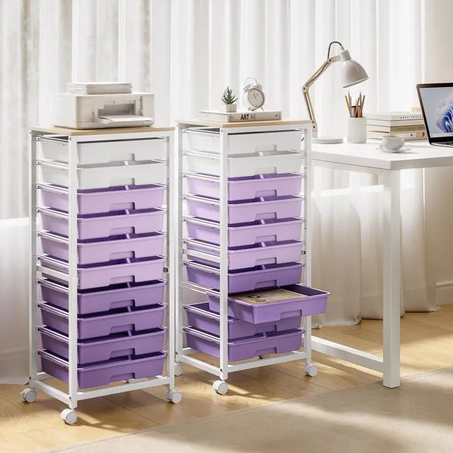 Alt view image 6 of 7 - 10 Drawer Rolling Cart,Purple Rolling Cart for Craft Storage,Storage Cart with Lockable Wheels and Wooden Tabletop for Classroom,Office,Living Room