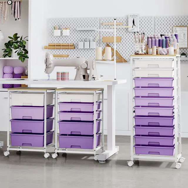 Alt view image 7 of 7 - 10 Drawer Rolling Cart,Purple Rolling Cart for Craft Storage,Storage Cart with Lockable Wheels and Wooden Tabletop for Classroom,Office,Living Room