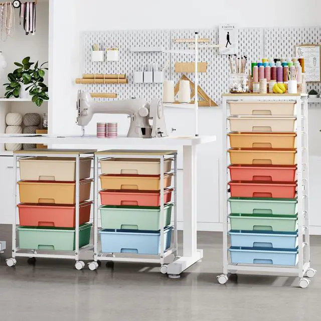 Alt view image 2 of 7 - 10 Drawer Rolling Cart,Rainbow Rolling Cart for Craft Storage,Storage Cart with Lockable Wheels and Wooden Tabletop for Classroom,Office,Living Room