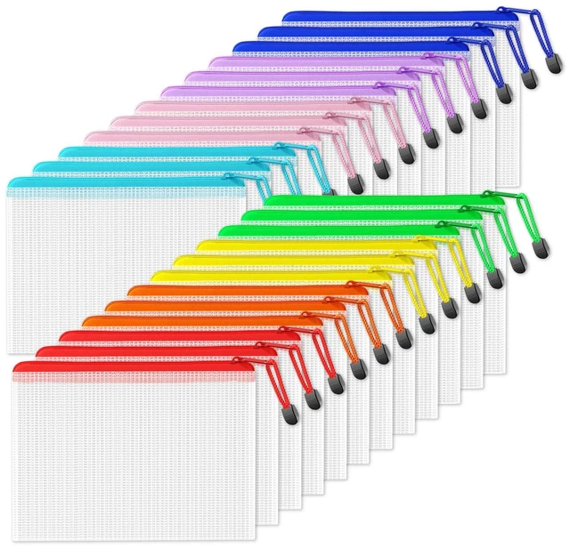 Main image of Plastic Mesh Zipper Pouch 6.8x9.2 in (8 Colors, 24 Packs), Small Water-Resistant Zip Bag for School Office Supplies, Pencil Organizing Storage