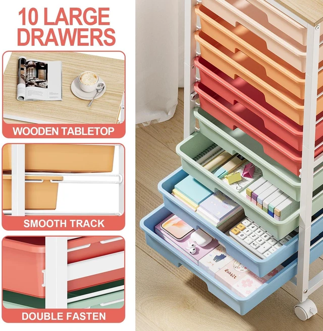 Alt view image 4 of 7 - 10 Drawer Rolling Cart,Rainbow Rolling Cart for Craft Storage,Storage Cart with Lockable Wheels and Wooden Tabletop for Classroom,Office,Living Room