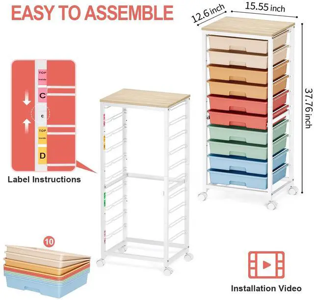 Alt view image 3 of 7 - 10 Drawer Rolling Cart,Rainbow Rolling Cart for Craft Storage,Storage Cart with Lockable Wheels and Wooden Tabletop for Classroom,Office,Living Room