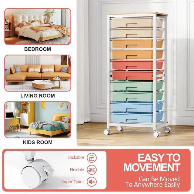Alt view image 6 of 7 - 10 Drawer Rolling Cart,Rainbow Rolling Cart for Craft Storage,Storage Cart with Lockable Wheels and Wooden Tabletop for Classroom,Office,Living Room
