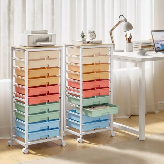 Alt view image 7 of 7 - 10 Drawer Rolling Cart,Rainbow Rolling Cart for Craft Storage,Storage Cart with Lockable Wheels and Wooden Tabletop for Classroom,Office,Living Room