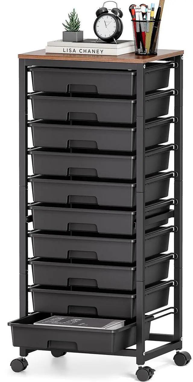 Main image of 10 Drawer Rolling Cart,Black Rolling Cart for Craft Storage,Storage Cart with Lockable Wheels and Wooden Tabletop for Classroom,Office,Living Room