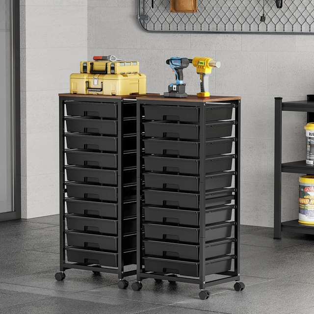 Alt view image 2 of 7 - 10 Drawer Rolling Cart,Black Rolling Cart for Craft Storage,Storage Cart with Lockable Wheels and Wooden Tabletop for Classroom,Office,Living Room