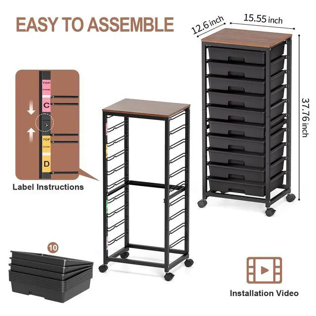 Alt view image 3 of 7 - 10 Drawer Rolling Cart,Black Rolling Cart for Craft Storage,Storage Cart with Lockable Wheels and Wooden Tabletop for Classroom,Office,Living Room