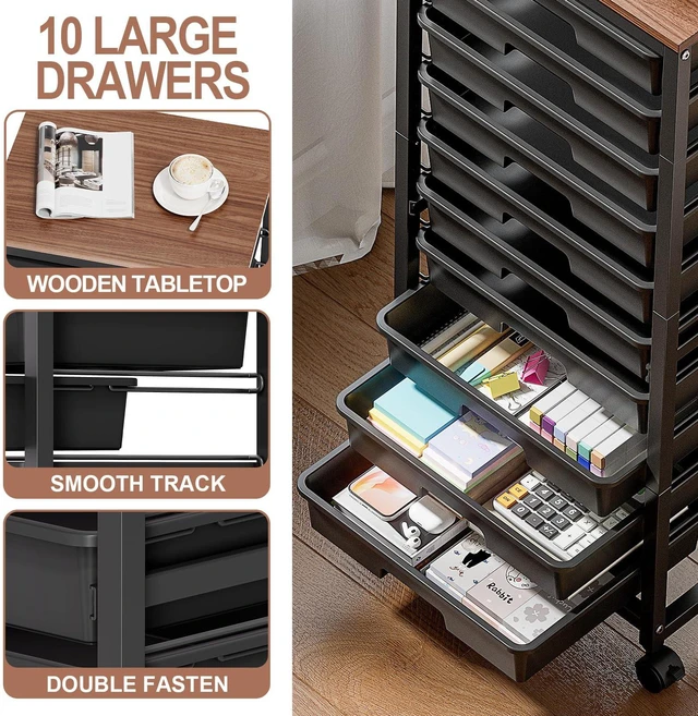 Alt view image 4 of 7 - 10 Drawer Rolling Cart,Black Rolling Cart for Craft Storage,Storage Cart with Lockable Wheels and Wooden Tabletop for Classroom,Office,Living Room