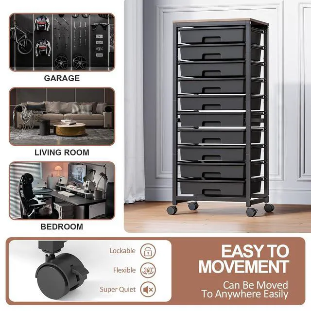 Alt view image 5 of 7 - 10 Drawer Rolling Cart,Black Rolling Cart for Craft Storage,Storage Cart with Lockable Wheels and Wooden Tabletop for Classroom,Office,Living Room