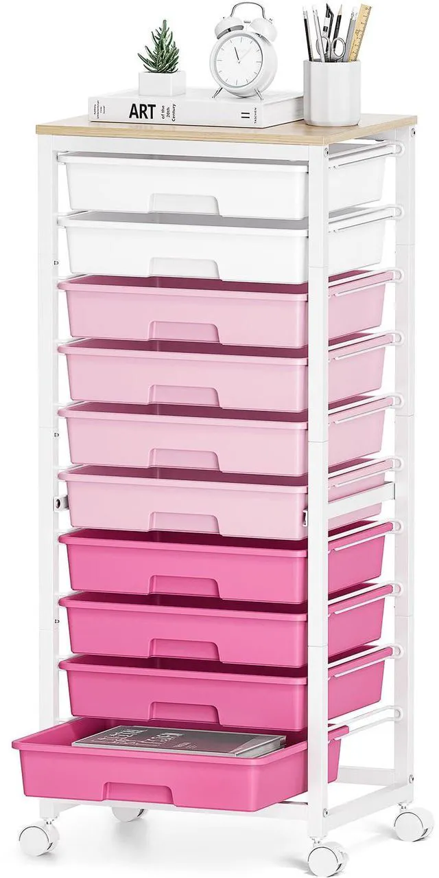 Main image of 10 Drawer Rolling Cart,Pink Rolling Cart for Craft Storage,Storage Cart with Lockable Wheels and Wooden Tabletop for Classroom,Office,Living Room
