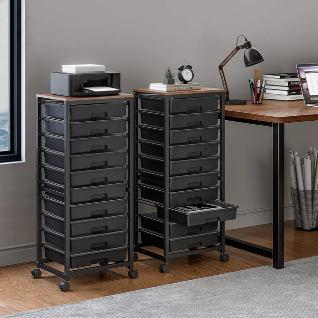 Alt view image 7 of 7 - 10 Drawer Rolling Cart,Black Rolling Cart for Craft Storage,Storage Cart with Lockable Wheels and Wooden Tabletop for Classroom,Office,Living Room