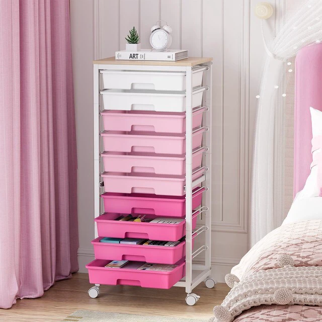 Alt view image 2 of 7 - 10 Drawer Rolling Cart,Pink Rolling Cart for Craft Storage,Storage Cart with Lockable Wheels and Wooden Tabletop for Classroom,Office,Living Room