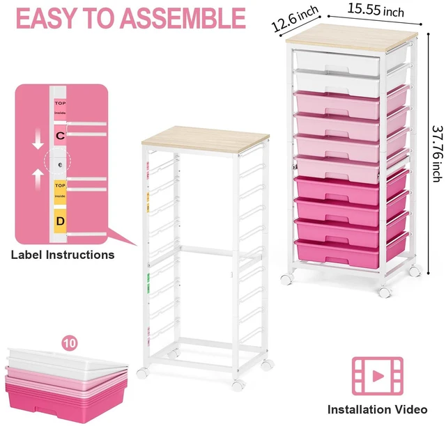 Alt view image 3 of 7 - 10 Drawer Rolling Cart,Pink Rolling Cart for Craft Storage,Storage Cart with Lockable Wheels and Wooden Tabletop for Classroom,Office,Living Room