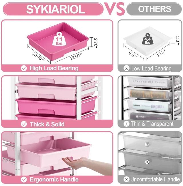 Alt view image 5 of 7 - 10 Drawer Rolling Cart,Pink Rolling Cart for Craft Storage,Storage Cart with Lockable Wheels and Wooden Tabletop for Classroom,Office,Living Room