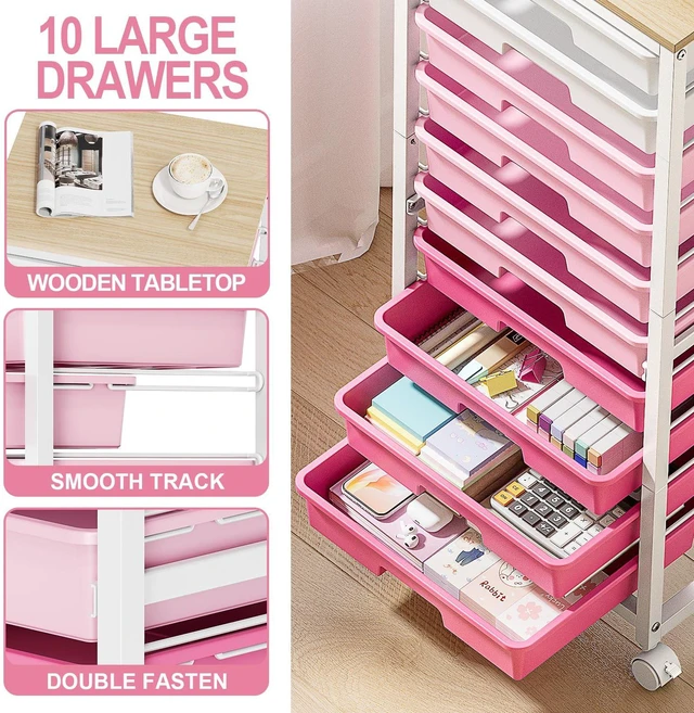 Alt view image 4 of 7 - 10 Drawer Rolling Cart,Pink Rolling Cart for Craft Storage,Storage Cart with Lockable Wheels and Wooden Tabletop for Classroom,Office,Living Room