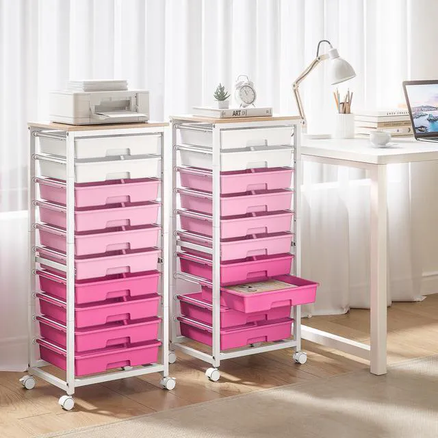 Alt view image 7 of 7 - 10 Drawer Rolling Cart,Pink Rolling Cart for Craft Storage,Storage Cart with Lockable Wheels and Wooden Tabletop for Classroom,Office,Living Room