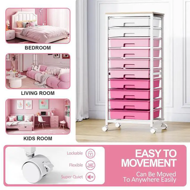 Alt view image 6 of 7 - 10 Drawer Rolling Cart,Pink Rolling Cart for Craft Storage,Storage Cart with Lockable Wheels and Wooden Tabletop for Classroom,Office,Living Room