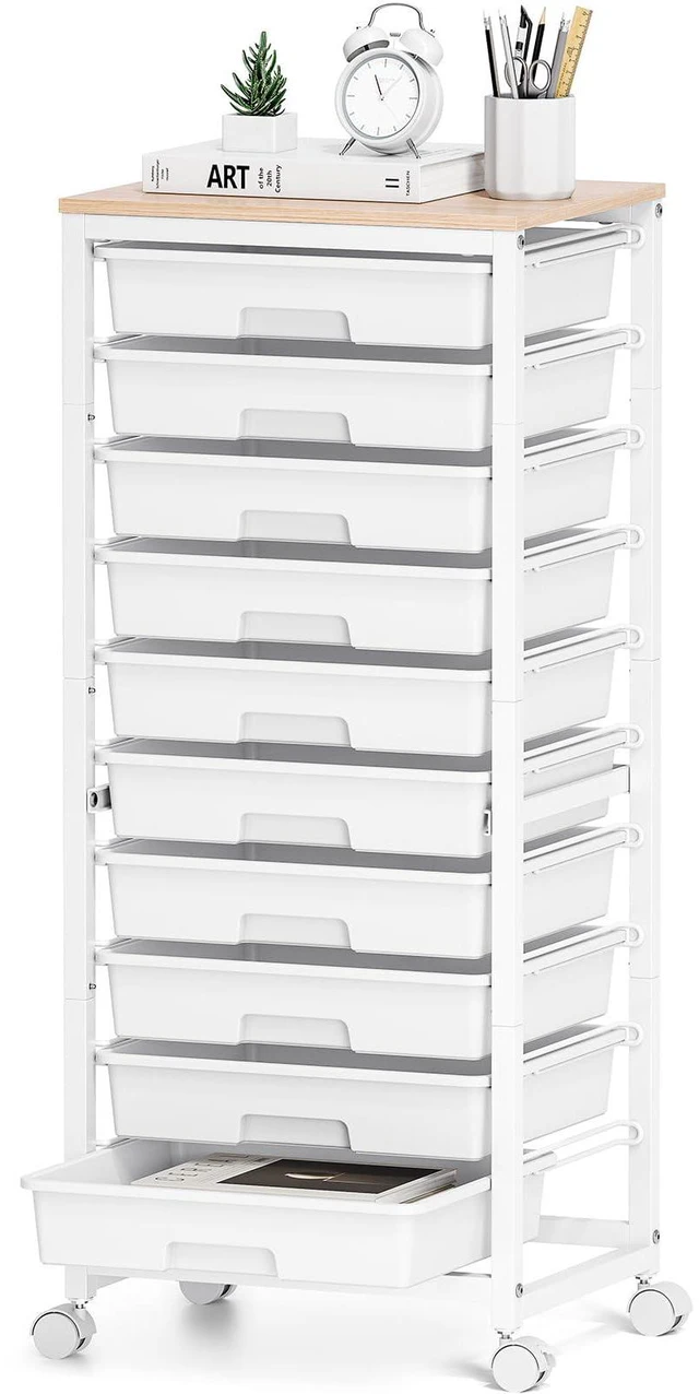 Main image of Rolling Cart with Drawers,White 10 Drawer Rolling Cart for Craft Storage,Storage Cart with Lockable Wheels and Wooden Tabletop for Classroom,Office