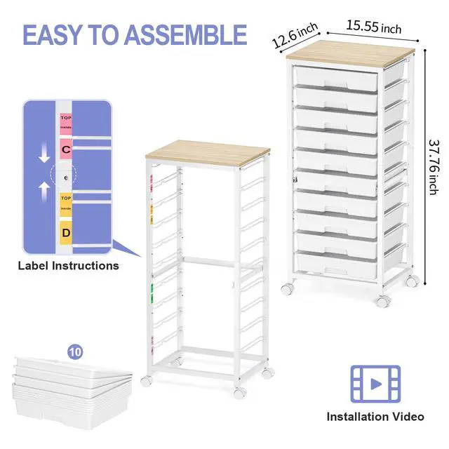 Alt view image 3 of 7 - Rolling Cart with Drawers,White 10 Drawer Rolling Cart for Craft Storage,Storage Cart with Lockable Wheels and Wooden Tabletop for Classroom,Office