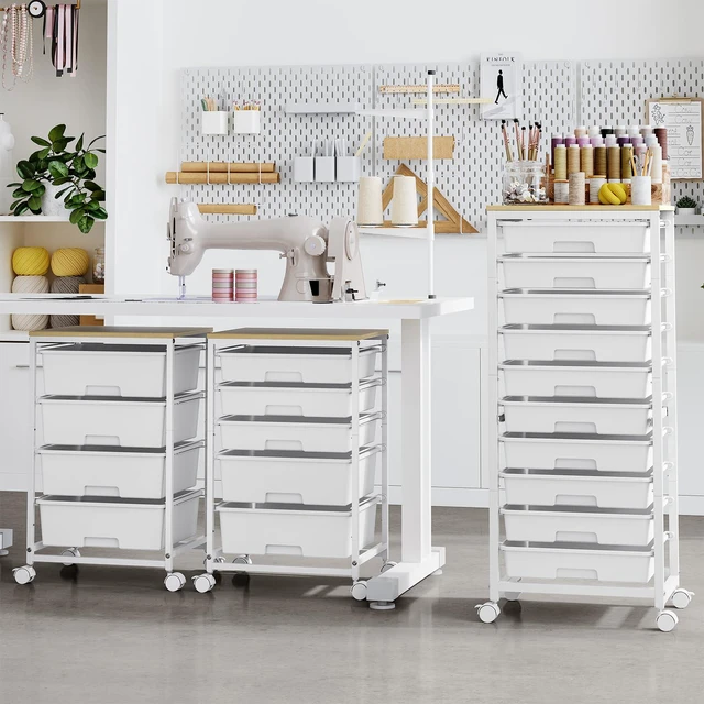 Alt view image 2 of 7 - Rolling Cart with Drawers,White 10 Drawer Rolling Cart for Craft Storage,Storage Cart with Lockable Wheels and Wooden Tabletop for Classroom,Office