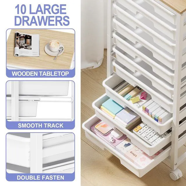 Alt view image 4 of 7 - Rolling Cart with Drawers,White 10 Drawer Rolling Cart for Craft Storage,Storage Cart with Lockable Wheels and Wooden Tabletop for Classroom,Office