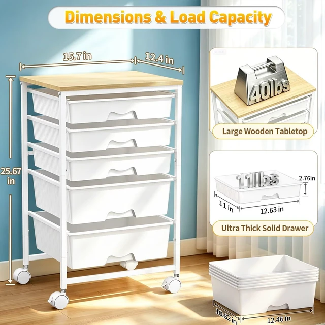 Alt view image 2 of 7 - Rolling Carts With 5 Drawers, Storage Drawer Carts for Craft, White Rolling Utility Cart with Wooden Tabletop & 2 Lockable Wheels, Teacher Storage Cart for Classroom School, Makeup, Nail, Art