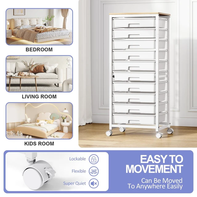 Alt view image 6 of 7 - Rolling Cart with Drawers,White 10 Drawer Rolling Cart for Craft Storage,Storage Cart with Lockable Wheels and Wooden Tabletop for Classroom,Office