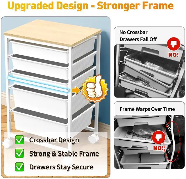 Alt view image 3 of 7 - Rolling Carts With 5 Drawers, Storage Drawer Carts for Craft, White Rolling Utility Cart with Wooden Tabletop & 2 Lockable Wheels, Teacher Storage Cart for Classroom School, Makeup, Nail, Art