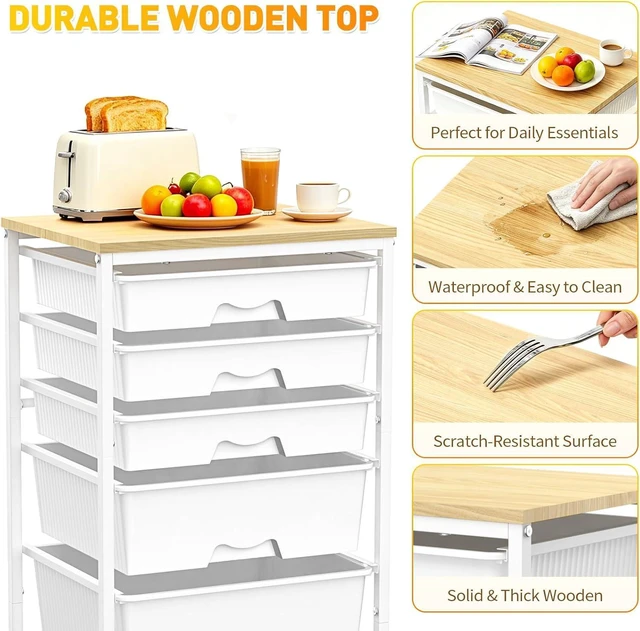 Alt view image 4 of 7 - Rolling Carts With 5 Drawers, Storage Drawer Carts for Craft, White Rolling Utility Cart with Wooden Tabletop & 2 Lockable Wheels, Teacher Storage Cart for Classroom School, Makeup, Nail, Art