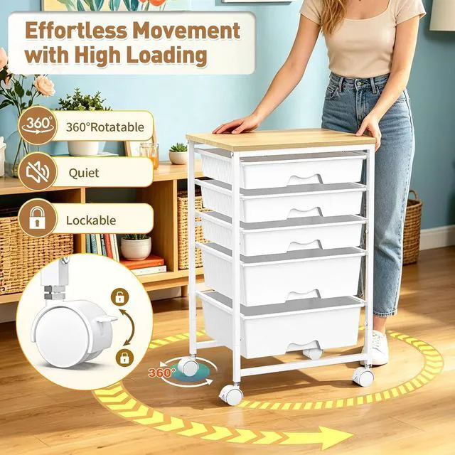 Alt view image 6 of 7 - Rolling Carts With 5 Drawers, Storage Drawer Carts for Craft, White Rolling Utility Cart with Wooden Tabletop & 2 Lockable Wheels, Teacher Storage Cart for Classroom School, Makeup, Nail, Art