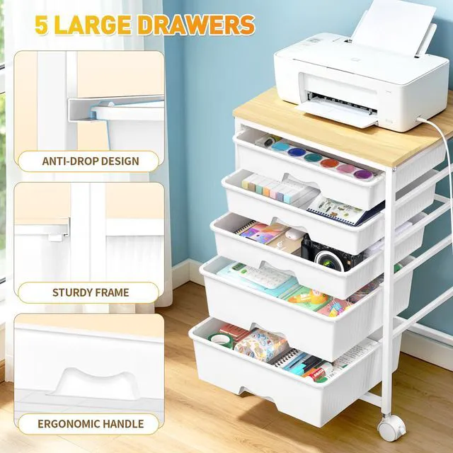 Alt view image 5 of 7 - Rolling Carts With 5 Drawers, Storage Drawer Carts for Craft, White Rolling Utility Cart with Wooden Tabletop & 2 Lockable Wheels, Teacher Storage Cart for Classroom School, Makeup, Nail, Art