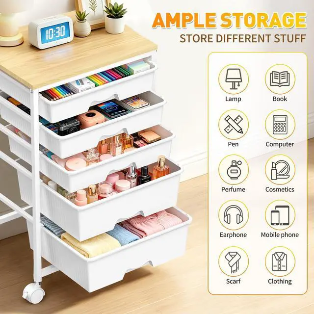 Alt view image 7 of 7 - Rolling Carts With 5 Drawers, Storage Drawer Carts for Craft, White Rolling Utility Cart with Wooden Tabletop & 2 Lockable Wheels, Teacher Storage Cart for Classroom School, Makeup, Nail, Art