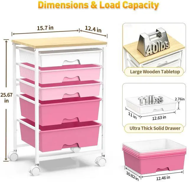 Alt view image 2 of 7 - Rolling Carts With 5 Drawers, Storage Drawer Carts for Craft, Pink Rolling Utility Cart with Wooden Tabletop & 2 Lockable Wheels, Teacher Storage Cart for Classroom School, Makeup, Nail, Art