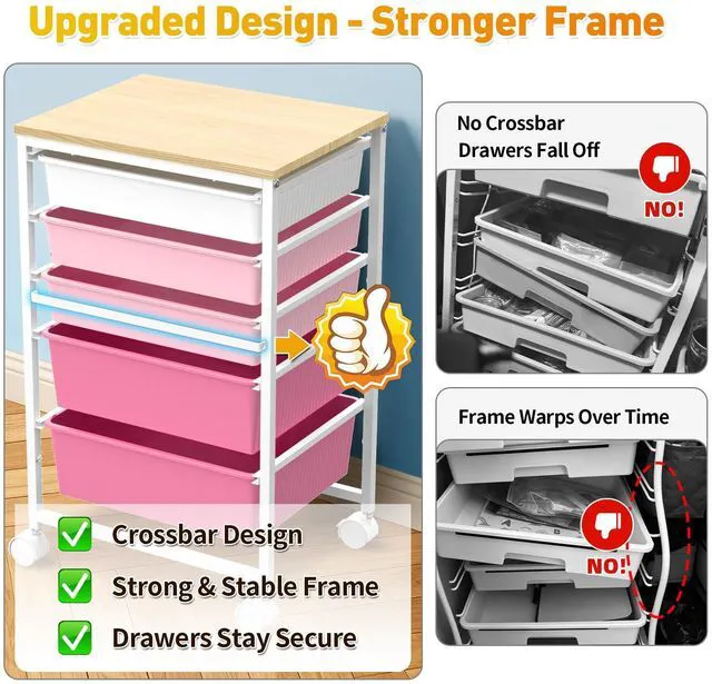 Alt view image 3 of 7 - Rolling Carts With 5 Drawers, Storage Drawer Carts for Craft, Pink Rolling Utility Cart with Wooden Tabletop & 2 Lockable Wheels, Teacher Storage Cart for Classroom School, Makeup, Nail, Art