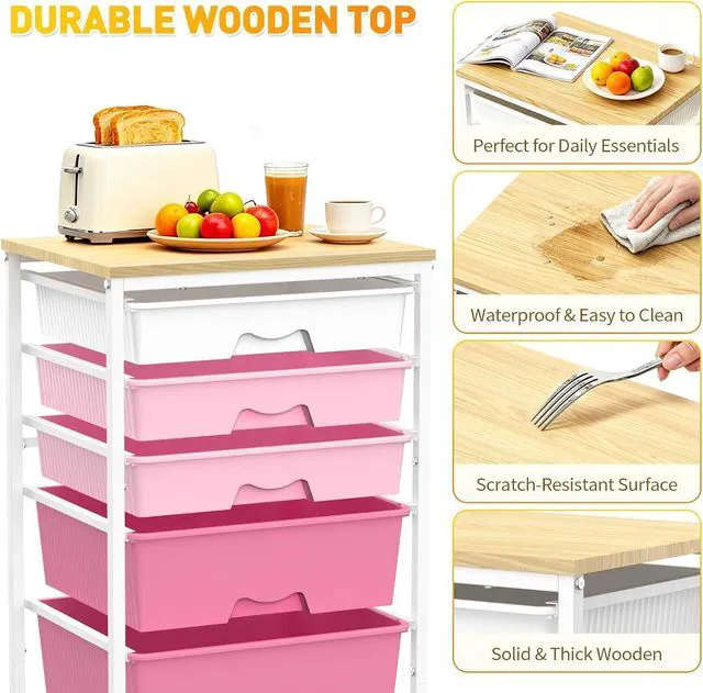 Alt view image 4 of 7 - Rolling Carts With 5 Drawers, Storage Drawer Carts for Craft, Pink Rolling Utility Cart with Wooden Tabletop & 2 Lockable Wheels, Teacher Storage Cart for Classroom School, Makeup, Nail, Art