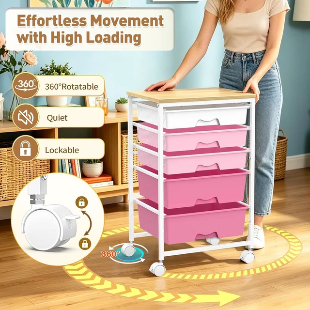 Alt view image 6 of 7 - Rolling Carts With 5 Drawers, Storage Drawer Carts for Craft, Pink Rolling Utility Cart with Wooden Tabletop & 2 Lockable Wheels, Teacher Storage Cart for Classroom School, Makeup, Nail, Art
