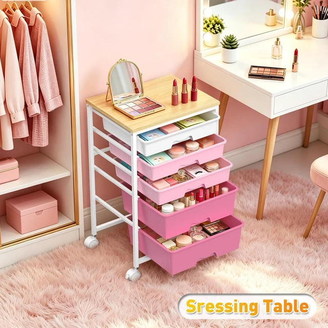 Alt view image 7 of 7 - Rolling Carts With 5 Drawers, Storage Drawer Carts for Craft, Pink Rolling Utility Cart with Wooden Tabletop & 2 Lockable Wheels, Teacher Storage Cart for Classroom School, Makeup, Nail, Art