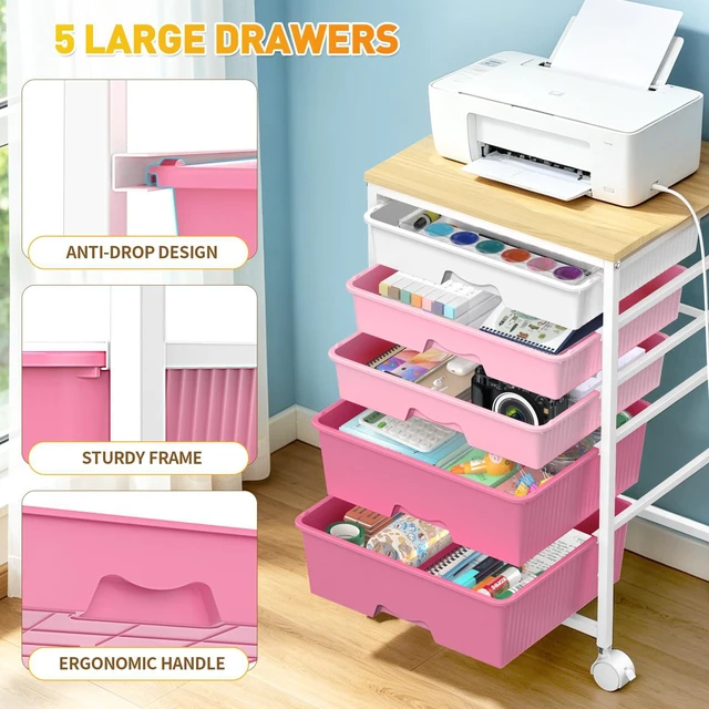 Alt view image 5 of 7 - Rolling Carts With 5 Drawers, Storage Drawer Carts for Craft, Pink Rolling Utility Cart with Wooden Tabletop & 2 Lockable Wheels, Teacher Storage Cart for Classroom School, Makeup, Nail, Art