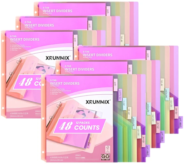 Main image of 48 Counts 8-Tab Binder Dividers, Index Pockets for 3 Ring Binders, 8 Pastel Colors, US Letter Size (6)