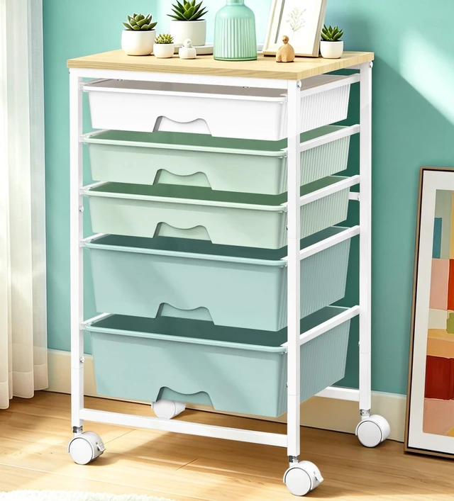 Main image of Rolling Carts With 5 Drawers, Storage Drawer Carts for Craft, Green Rolling Utility Cart with Wooden Tabletop & 2 Lockable Wheels, Teacher Storage Cart for Classroom School, Makeup, Nail, Art