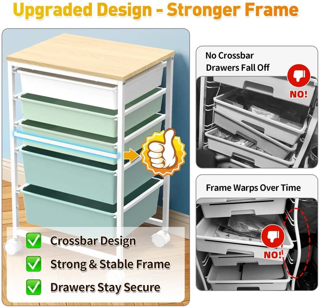 Alt view image 3 of 7 - Rolling Carts With 5 Drawers, Storage Drawer Carts for Craft, Green Rolling Utility Cart with Wooden Tabletop & 2 Lockable Wheels, Teacher Storage Cart for Classroom School, Makeup, Nail, Art