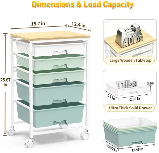 Alt view image 2 of 7 - Rolling Carts With 5 Drawers, Storage Drawer Carts for Craft, Green Rolling Utility Cart with Wooden Tabletop & 2 Lockable Wheels, Teacher Storage Cart for Classroom School, Makeup, Nail, Art