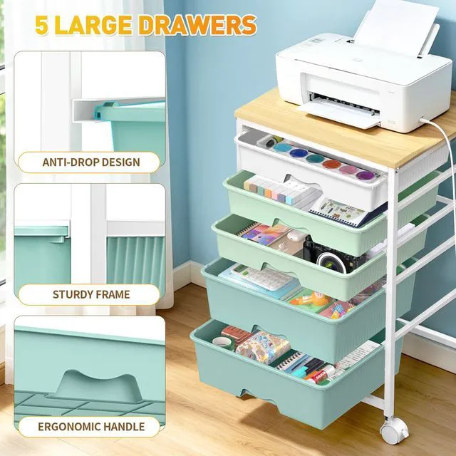 Alt view image 5 of 7 - Rolling Carts With 5 Drawers, Storage Drawer Carts for Craft, Green Rolling Utility Cart with Wooden Tabletop & 2 Lockable Wheels, Teacher Storage Cart for Classroom School, Makeup, Nail, Art