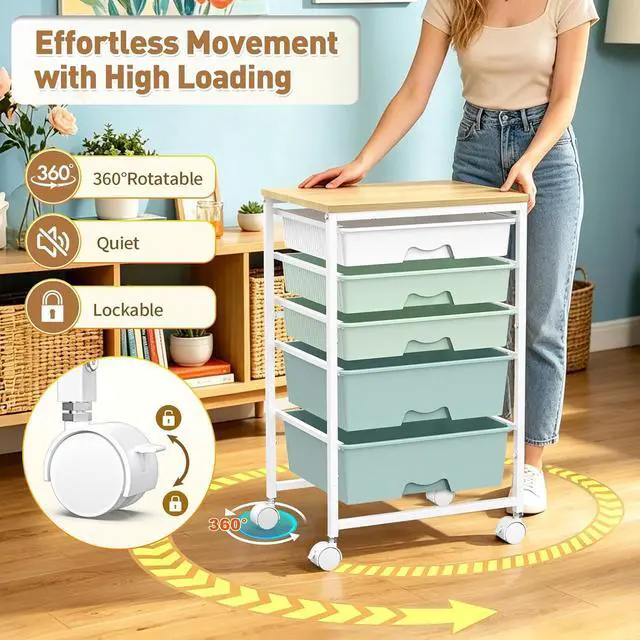 Alt view image 6 of 7 - Rolling Carts With 5 Drawers, Storage Drawer Carts for Craft, Green Rolling Utility Cart with Wooden Tabletop & 2 Lockable Wheels, Teacher Storage Cart for Classroom School, Makeup, Nail, Art