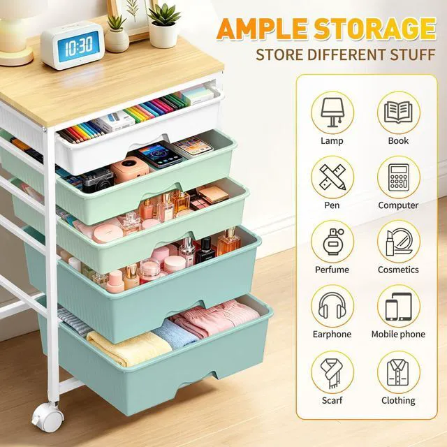 Alt view image 7 of 7 - Rolling Carts With 5 Drawers, Storage Drawer Carts for Craft, Green Rolling Utility Cart with Wooden Tabletop & 2 Lockable Wheels, Teacher Storage Cart for Classroom School, Makeup, Nail, Art