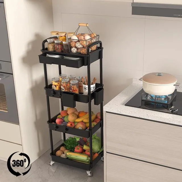 Alt view image 4 of 7 - 4 Tier Rolling Utility Cart with Drawer, Plastic Storage Organizer Rolling Carts with Wheels Handles Hanging Cups Hooks for Office, Bathroom, Kitchen,Craft Art Room (Black)