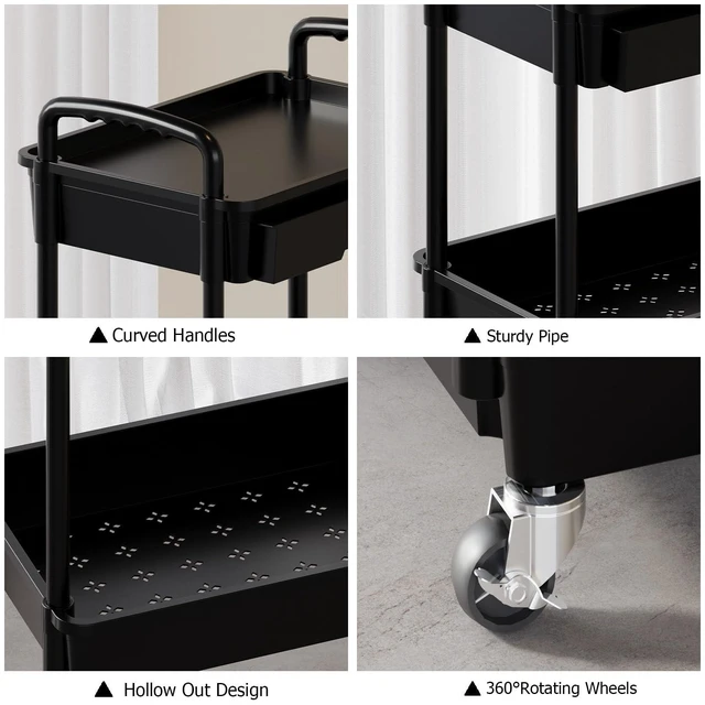 Alt view image 5 of 7 - 4 Tier Rolling Utility Cart with Drawer, Plastic Storage Organizer Rolling Carts with Wheels Handles Hanging Cups Hooks for Office, Bathroom, Kitchen,Craft Art Room (Black)