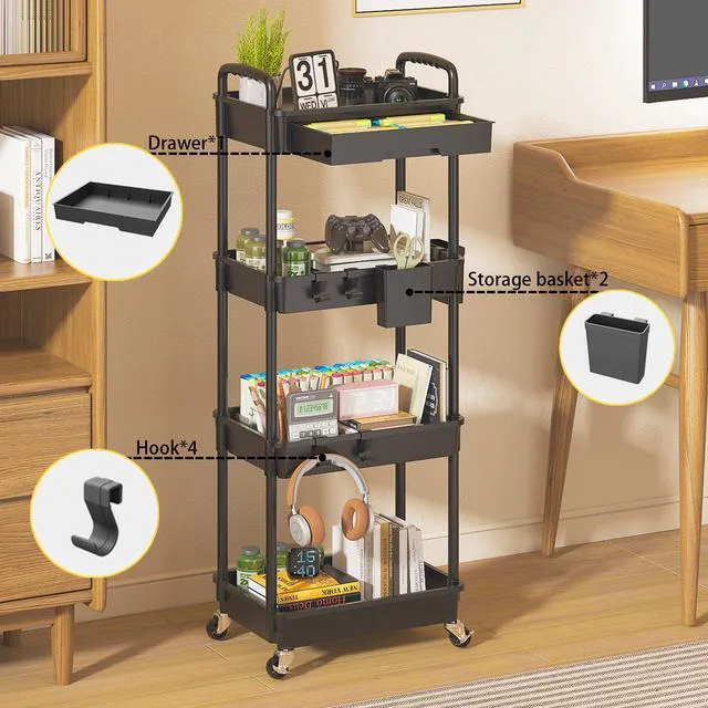 Alt view image 3 of 7 - 4 Tier Rolling Utility Cart with Drawer, Plastic Storage Organizer Rolling Carts with Wheels Handles Hanging Cups Hooks for Office, Bathroom, Kitchen,Craft Art Room (Black)